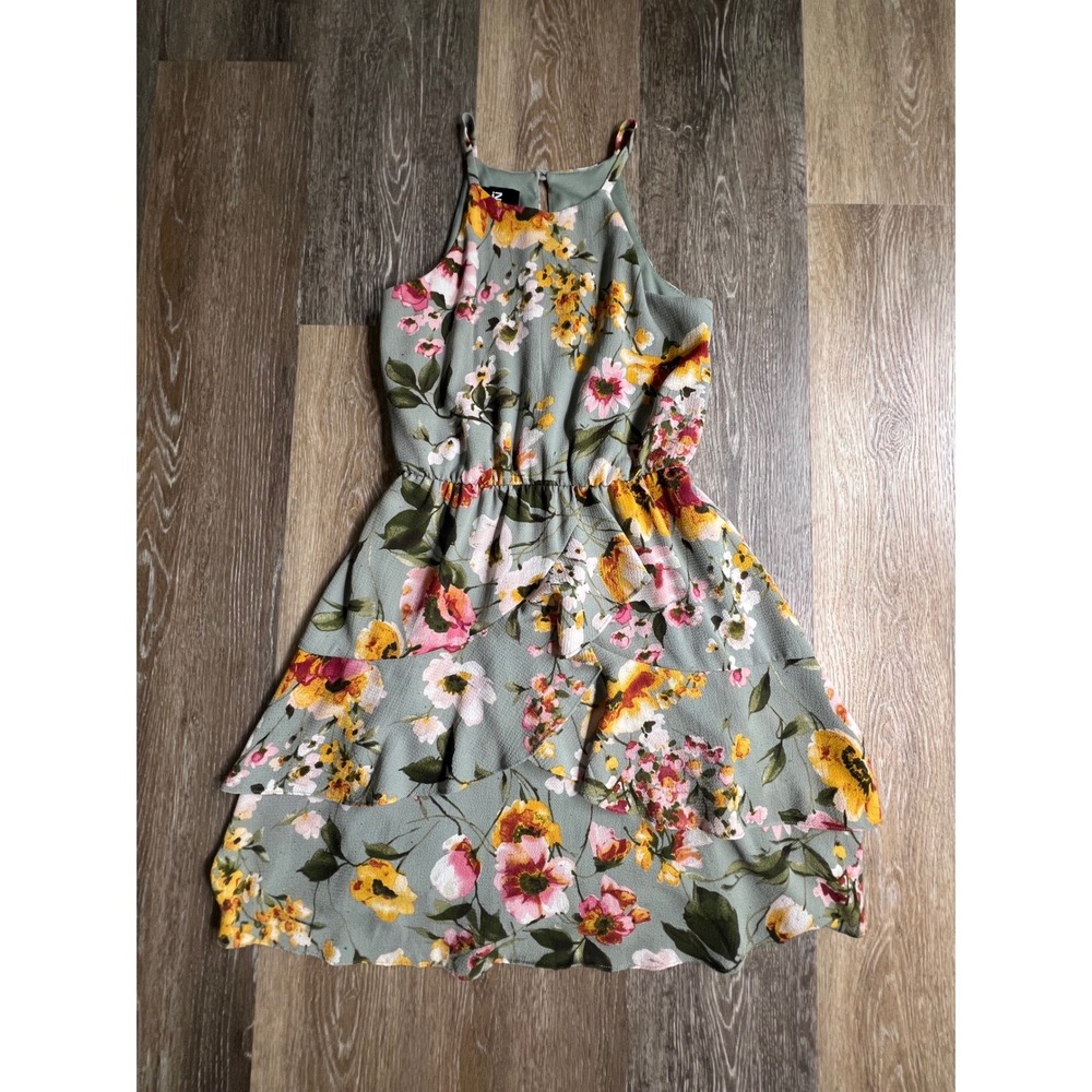 IZ Byer Floral‎ Mini Dress Womens XS Green Halter Tiered Ruffle Elastic Waist